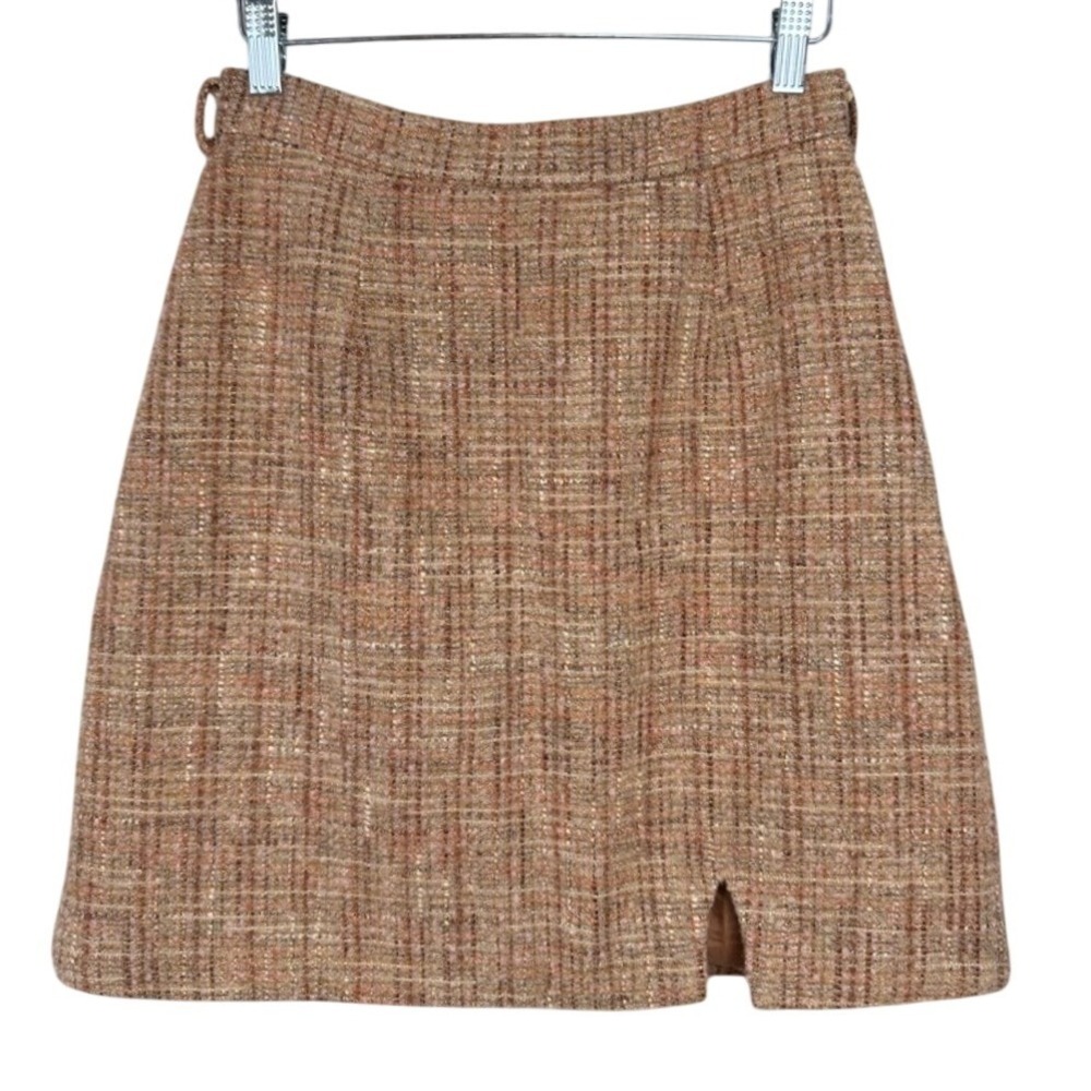Cotre Tweed Plaid Mini Skirt Brown Pink Gold Metallic Slit Size L‎ NWOT